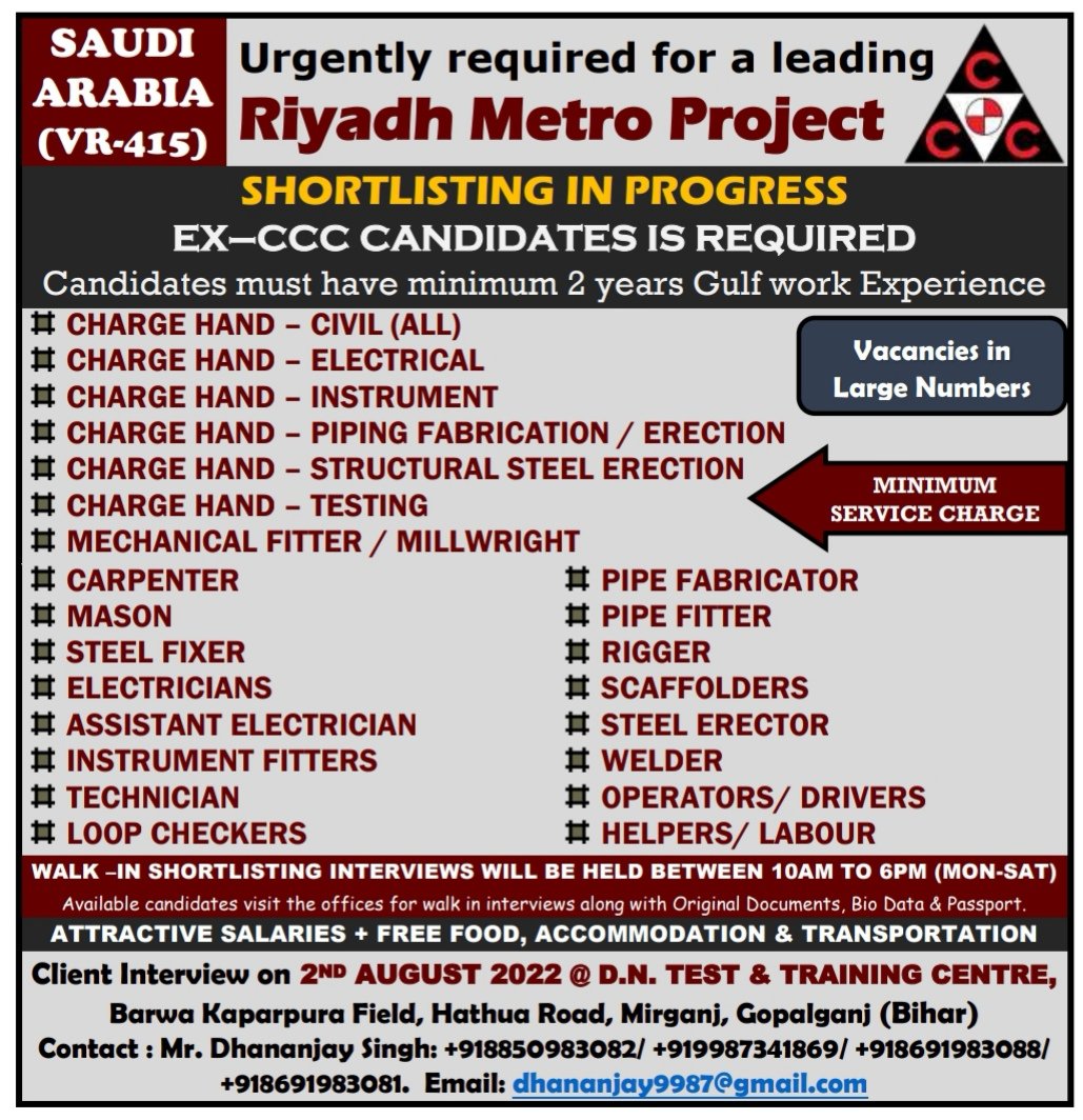 Riyadh Metro Project Jobs Hiring For Saudi Arabia