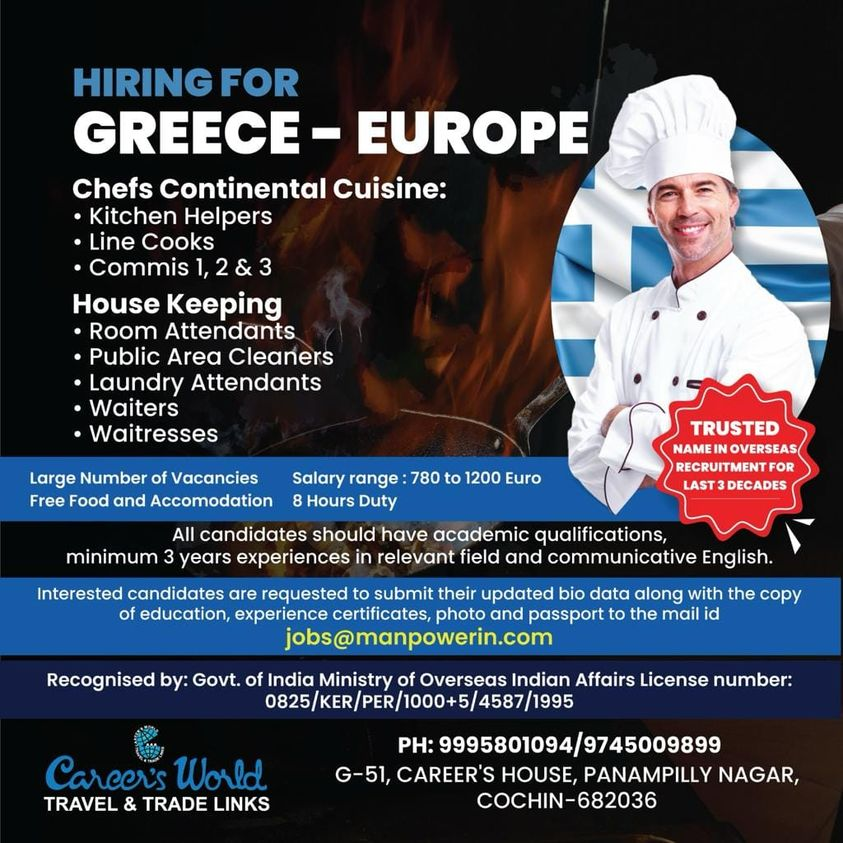 Greece jobs for Indian Urgent hiring
